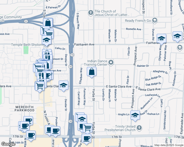 map of restaurants, bars, coffee shops, grocery stores, and more near 13301 Yorba Street in Santa Ana