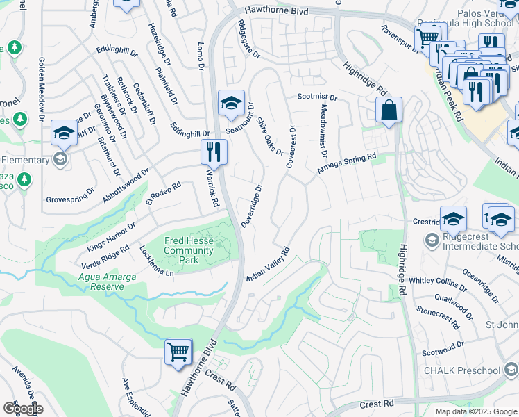 map of restaurants, bars, coffee shops, grocery stores, and more near 29104 Doverridge Drive in Rancho Palos Verdes