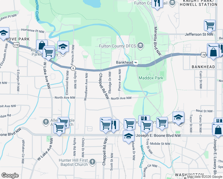 map of restaurants, bars, coffee shops, grocery stores, and more near 491 Elbridge Drive Northwest in Atlanta