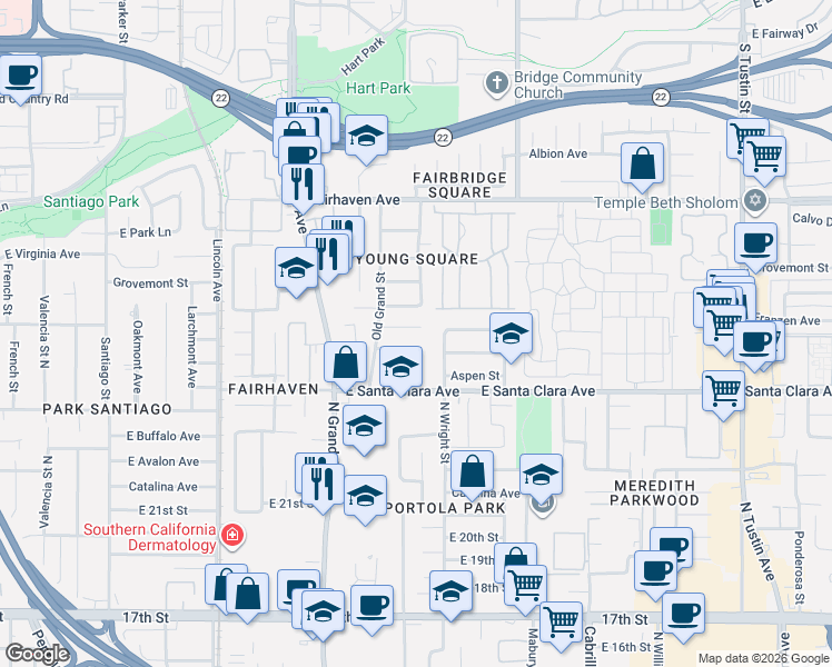 map of restaurants, bars, coffee shops, grocery stores, and more near 1426 Franzen Avenue in Santa Ana