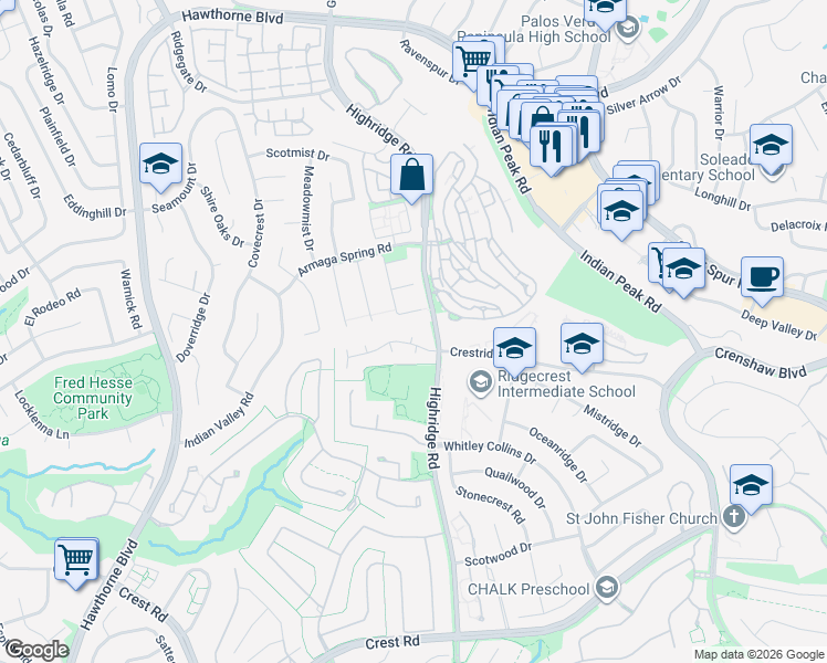 map of restaurants, bars, coffee shops, grocery stores, and more near 7 Hillcrest Meadows in Rolling Hills Estates