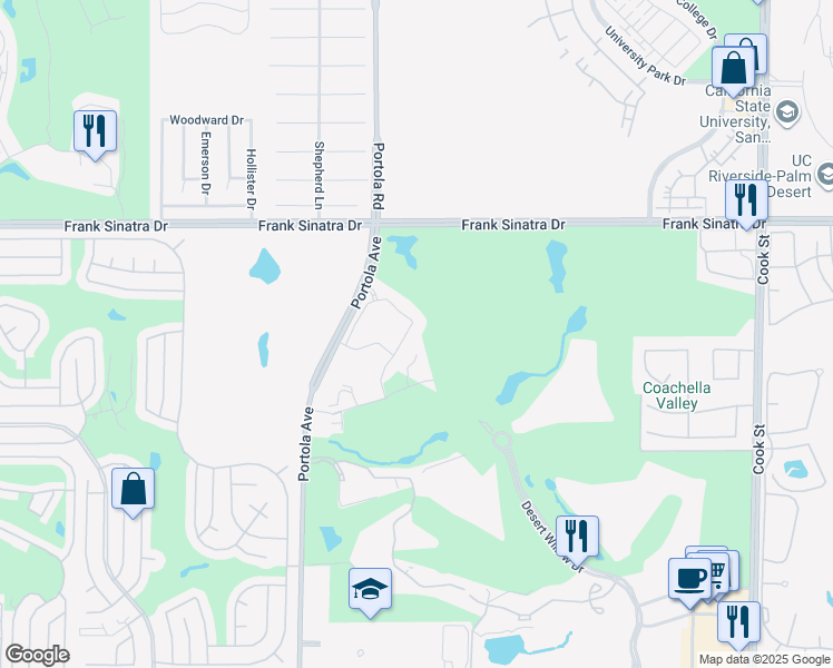 map of restaurants, bars, coffee shops, grocery stores, and more near 703 Retreat Circle in Palm Desert