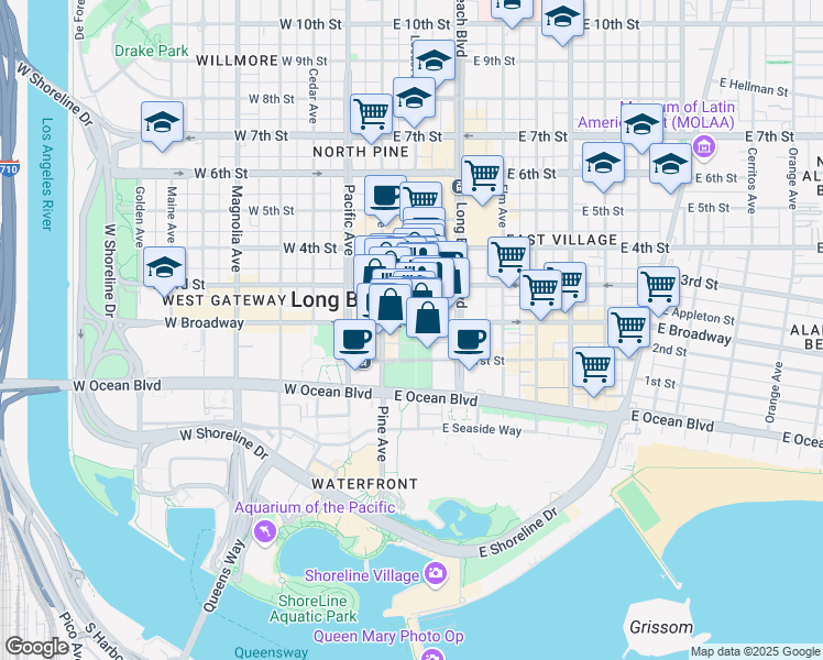 map of restaurants, bars, coffee shops, grocery stores, and more near in Long Beach