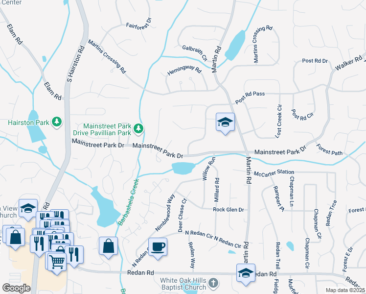 map of restaurants, bars, coffee shops, grocery stores, and more near 859 Bridgewater Court in Stone Mountain