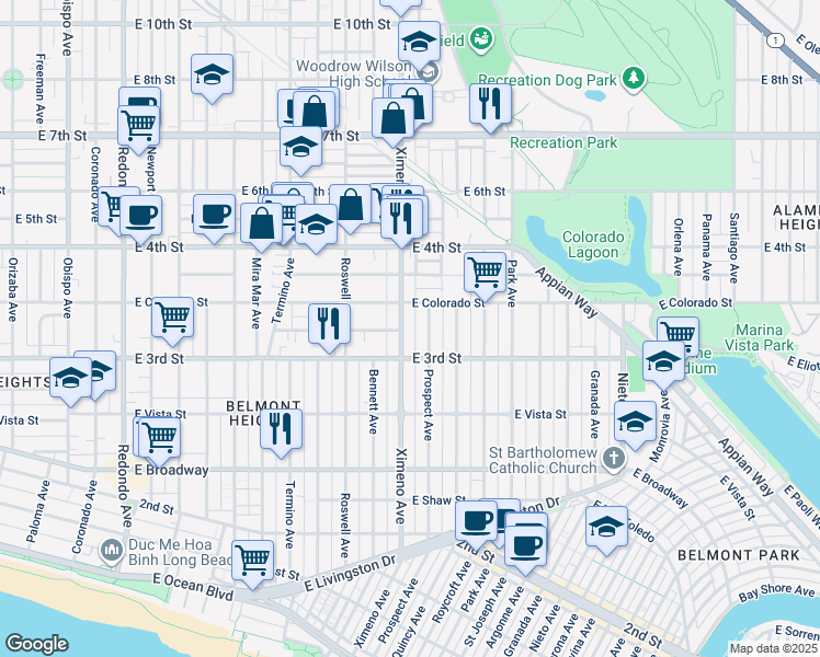 map of restaurants, bars, coffee shops, grocery stores, and more near 324 Ximeno Avenue in Long Beach