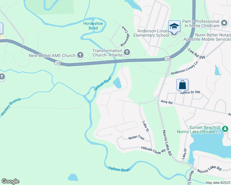 map of restaurants, bars, coffee shops, grocery stores, and more near 4291 Riverlake Way in Snellville