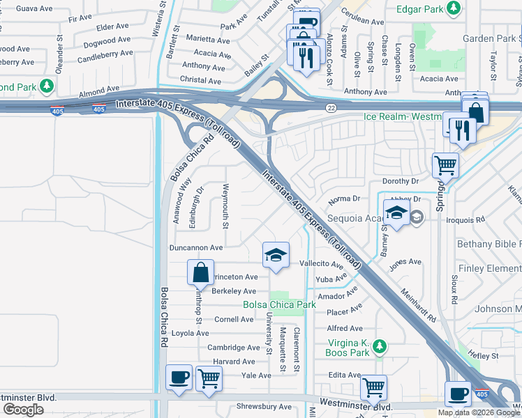 map of restaurants, bars, coffee shops, grocery stores, and more near 5302 Clark Circle in Westminster