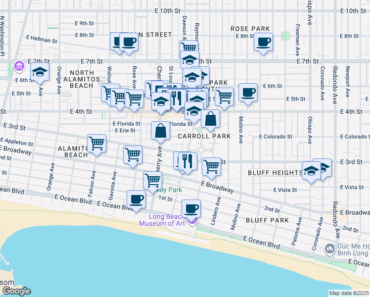 map of restaurants, bars, coffee shops, grocery stores, and more near 333 Junipero Avenue in Long Beach