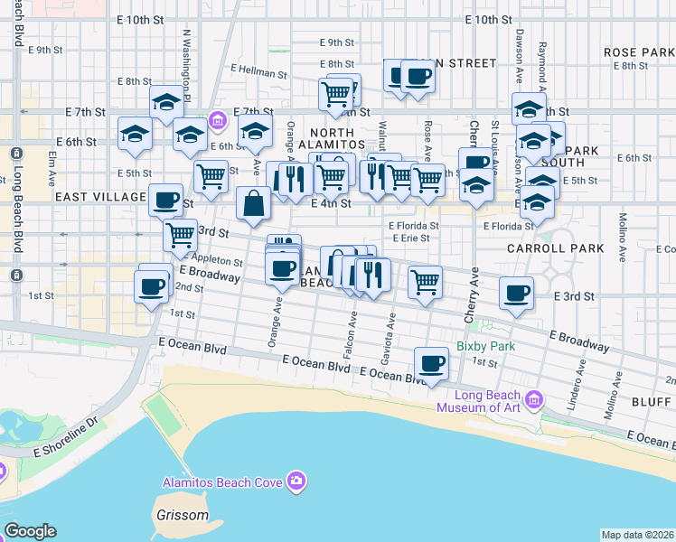 map of restaurants, bars, coffee shops, grocery stores, and more near 1327 East Appleton Street in Long Beach