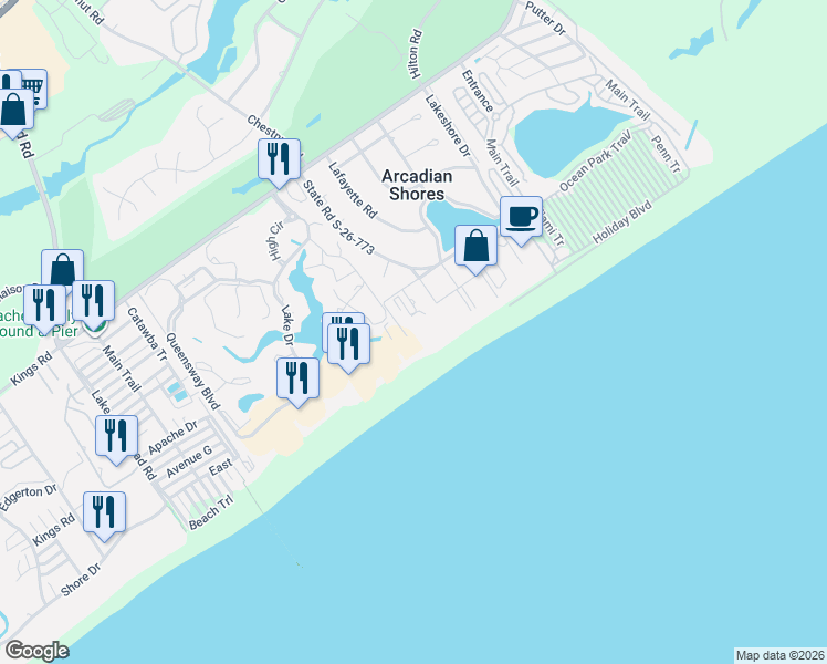 map of restaurants, bars, coffee shops, grocery stores, and more near 9994 Beach Club Drive in Myrtle Beach
