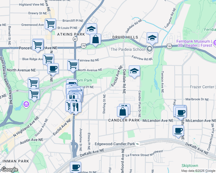 map of restaurants, bars, coffee shops, grocery stores, and more near 1343 Euclid Avenue Northeast in Atlanta