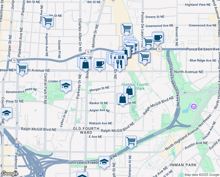 map of restaurants, bars, coffee shops, grocery stores, and more near 571 Morgan Street Northeast in Atlanta