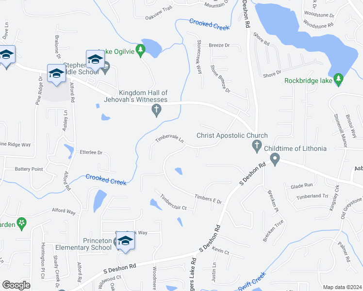 map of restaurants, bars, coffee shops, grocery stores, and more near 6719 Timbers East Drive in Lithonia