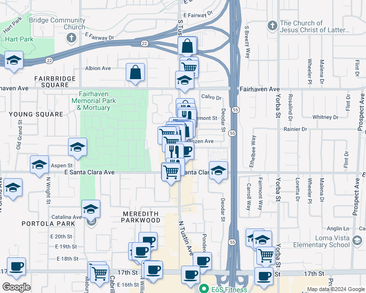 map of restaurants, bars, coffee shops, grocery stores, and more near 2407 North Tustin Avenue in Santa Ana