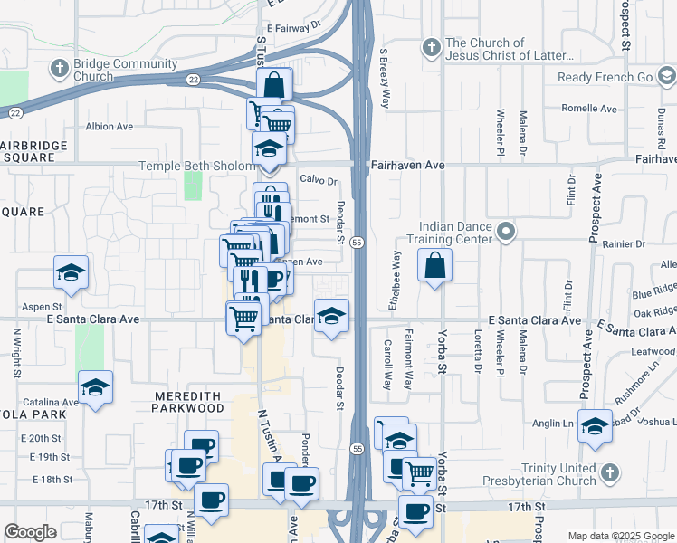 map of restaurants, bars, coffee shops, grocery stores, and more near 2309 Franzen Avenue in Santa Ana