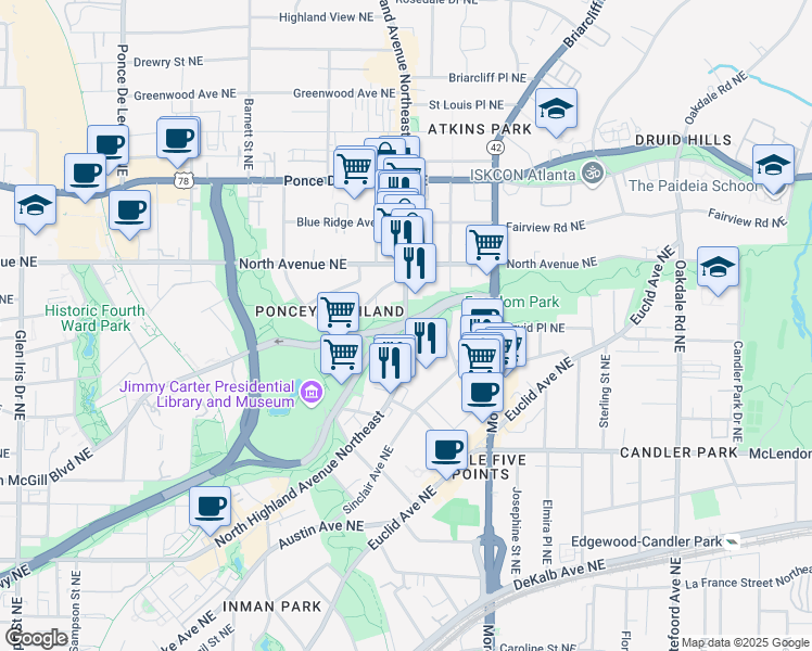 map of restaurants, bars, coffee shops, grocery stores, and more near Freedom Pkwy & North Highland Ave NE in Atlanta