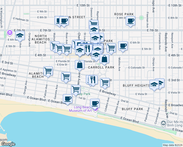 map of restaurants, bars, coffee shops, grocery stores, and more near 311 Junipero Avenue in Long Beach