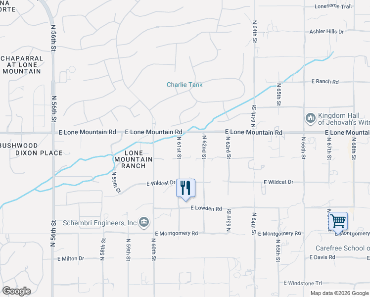 map of restaurants, bars, coffee shops, grocery stores, and more near 6107 East Lone Mountain Road in Cave Creek