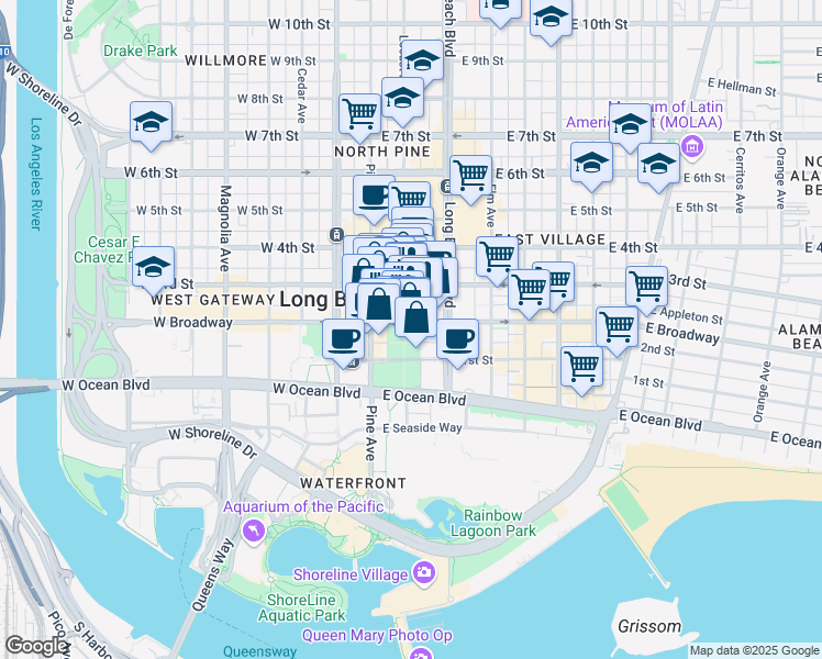 map of restaurants, bars, coffee shops, grocery stores, and more near 150 The Promenade North in Long Beach