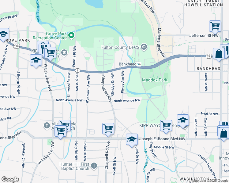 map of restaurants, bars, coffee shops, grocery stores, and more near 491 Elbridge Drive Northwest in Atlanta