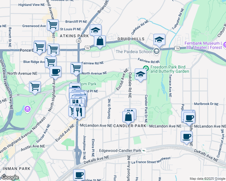 map of restaurants, bars, coffee shops, grocery stores, and more near 542 Goldsboro Road Northeast in Atlanta
