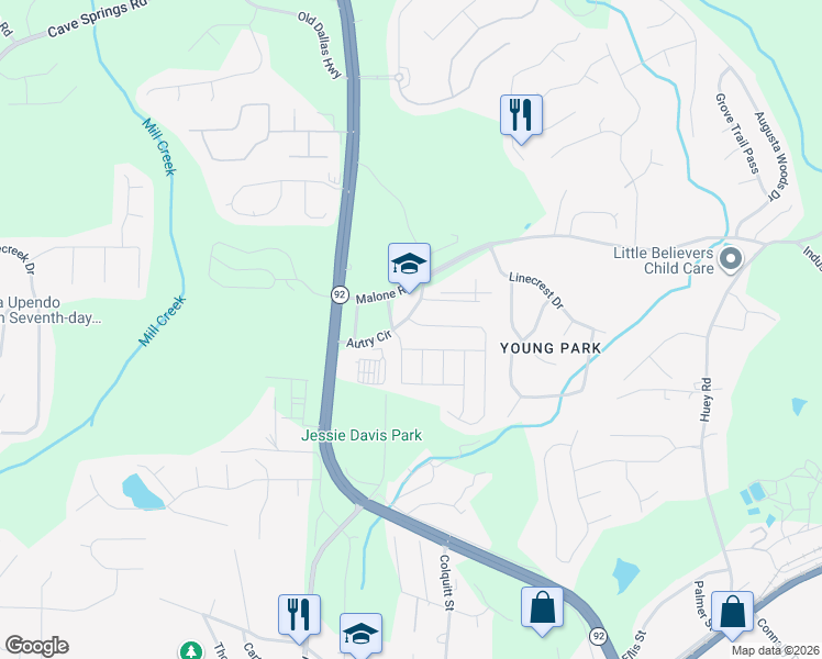 map of restaurants, bars, coffee shops, grocery stores, and more near 6459 Snowbird Lane in Douglasville