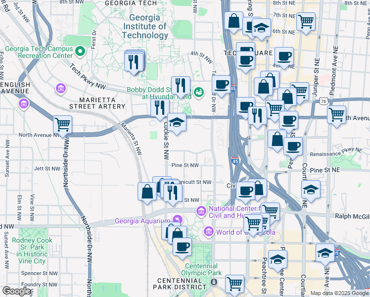 map of restaurants, bars, coffee shops, grocery stores, and more near 207 Merritts Avenue Northwest in Atlanta
