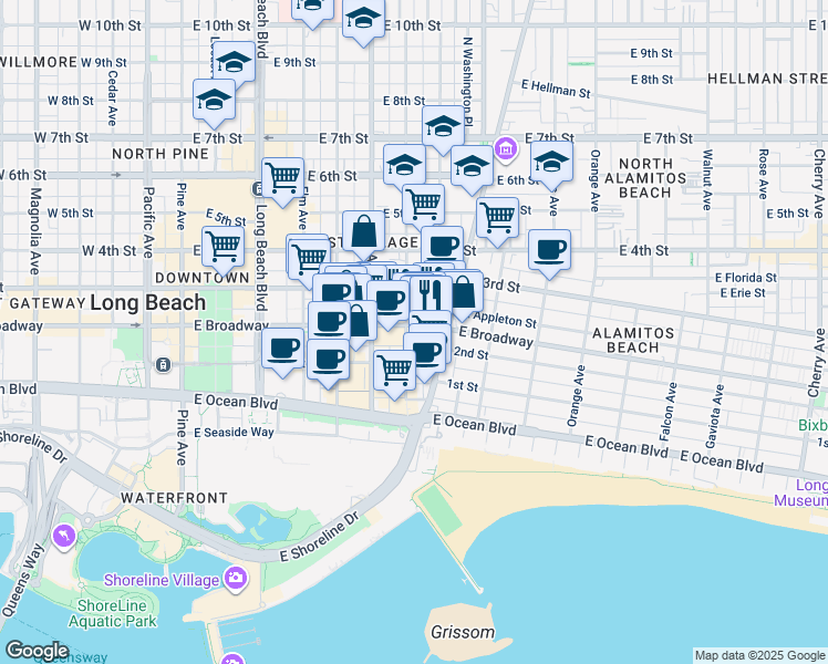 map of restaurants, bars, coffee shops, grocery stores, and more near 705 East Broadway in Long Beach