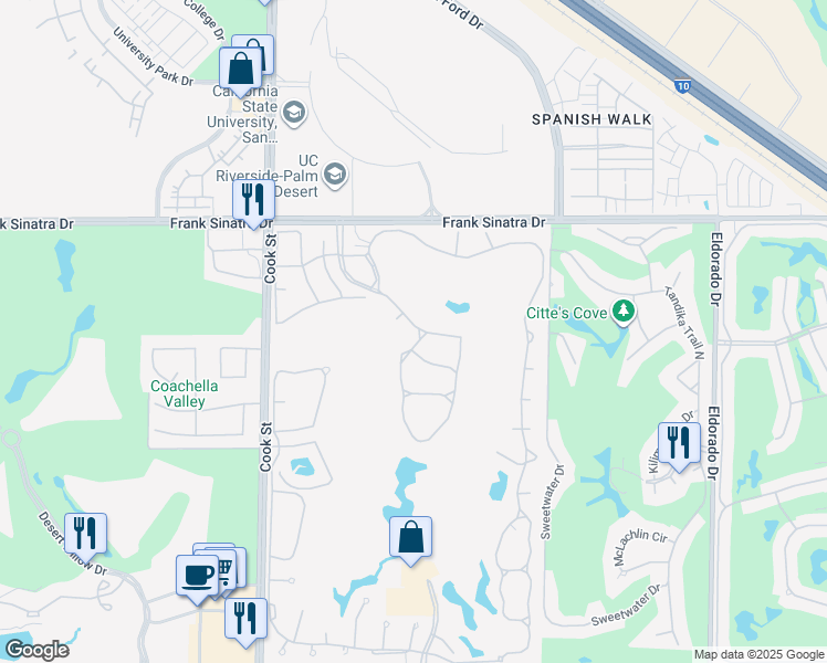 map of restaurants, bars, coffee shops, grocery stores, and more near 325 Vista Royale Drive in Palm Desert