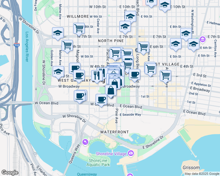 map of restaurants, bars, coffee shops, grocery stores, and more near in Long Beach