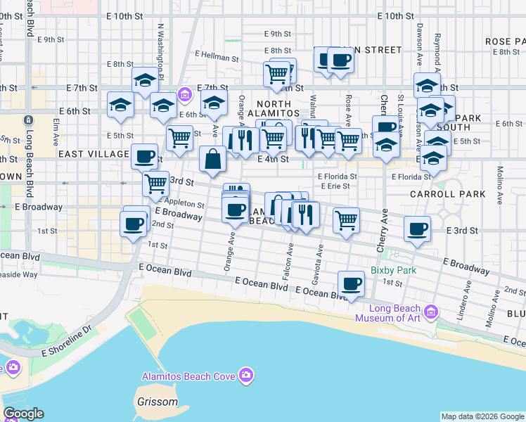 map of restaurants, bars, coffee shops, grocery stores, and more near in Long Beach