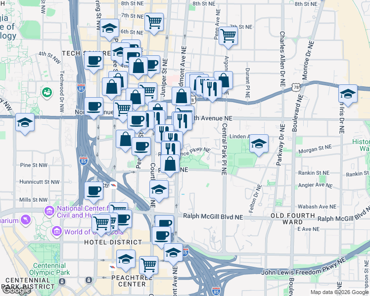map of restaurants, bars, coffee shops, grocery stores, and more near 200 Renaissance Parkway Northeast in Atlanta