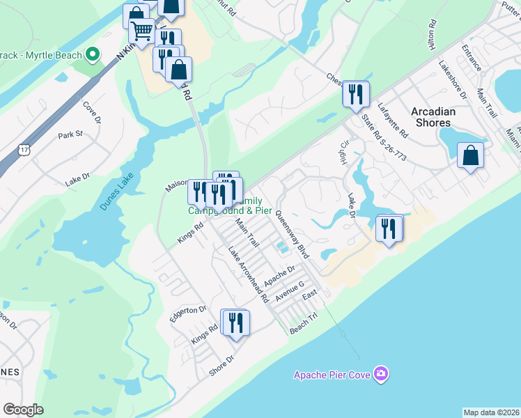 map of restaurants, bars, coffee shops, grocery stores, and more near 217 Apache Drive in Myrtle Beach