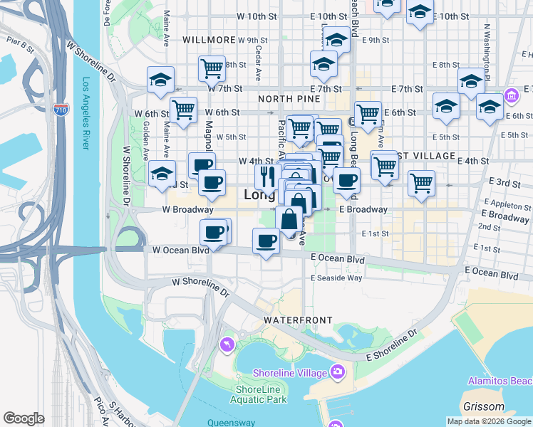 map of restaurants, bars, coffee shops, grocery stores, and more near 200 West Broadway in Long Beach