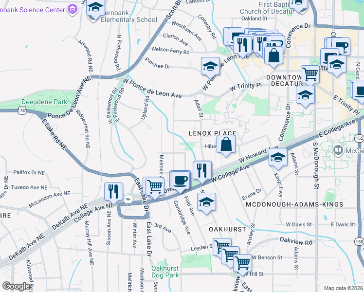 map of restaurants, bars, coffee shops, grocery stores, and more near 212 Adair Street in Decatur