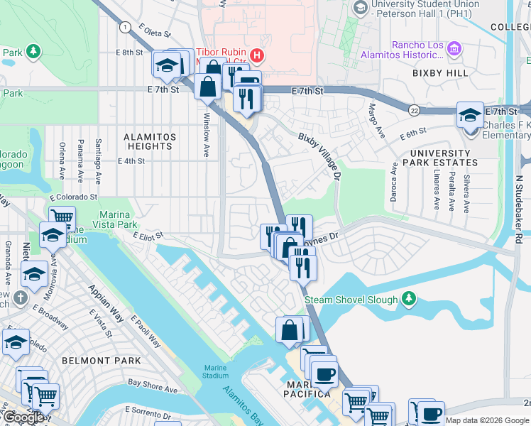 map of restaurants, bars, coffee shops, grocery stores, and more near 361 Seville Way in Long Beach