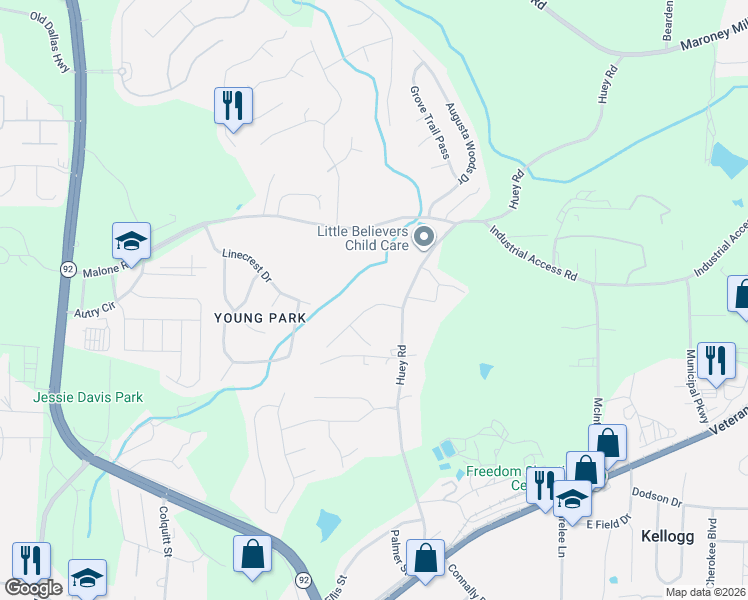map of restaurants, bars, coffee shops, grocery stores, and more near 4880 Wynford Lane in Douglasville