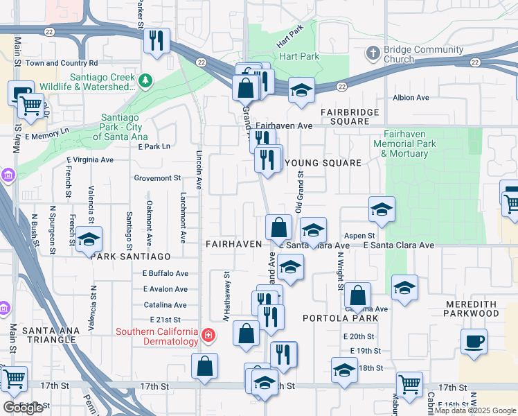 map of restaurants, bars, coffee shops, grocery stores, and more near 2424 North Grand Avenue in Santa Ana