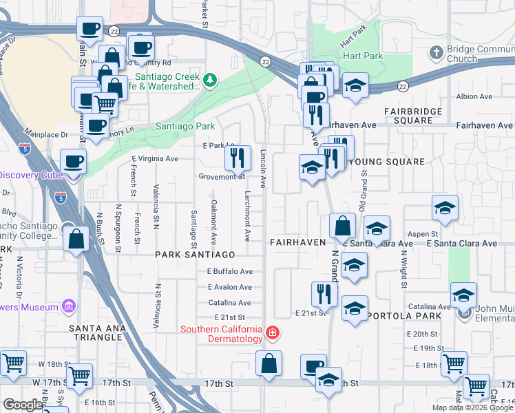 map of restaurants, bars, coffee shops, grocery stores, and more near 1010 East Joana Drive in Santa Ana