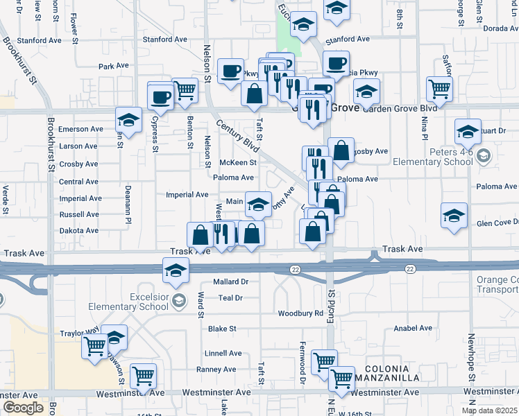 map of restaurants, bars, coffee shops, grocery stores, and more near 13322 Taft Street in Garden Grove