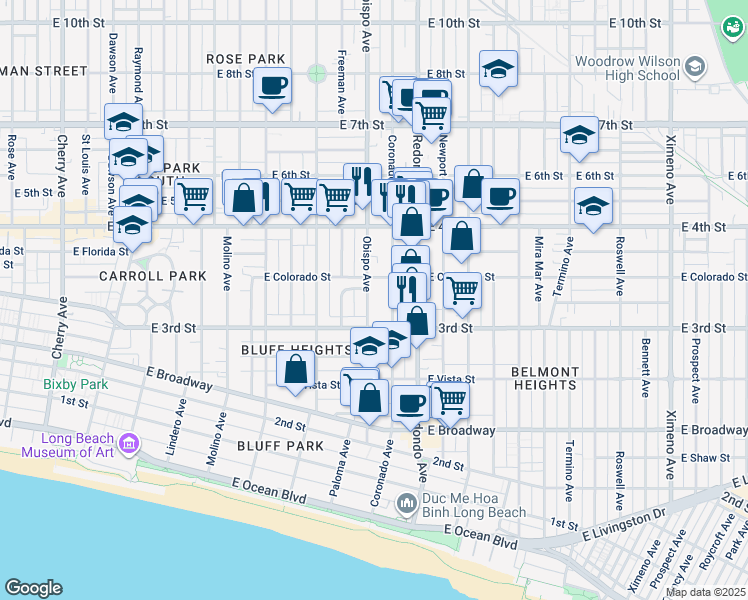 map of restaurants, bars, coffee shops, grocery stores, and more near 8 Eucalyptus Lane in Long Beach