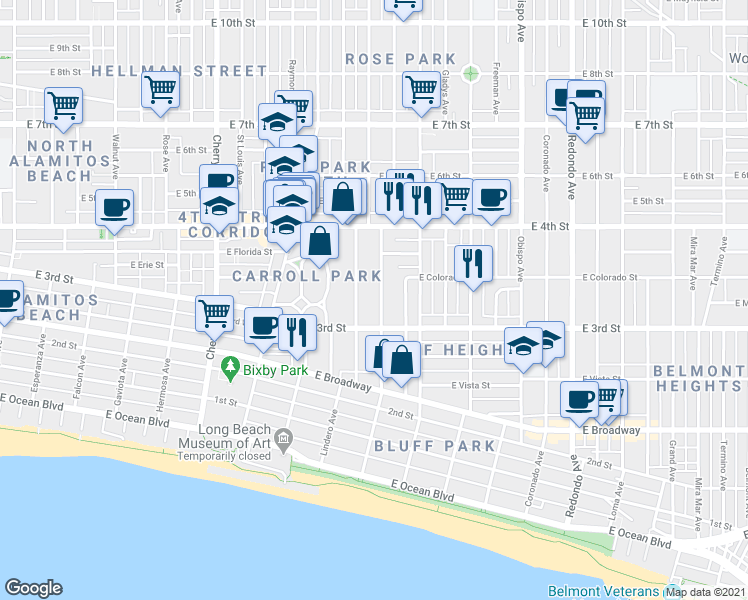 map of restaurants, bars, coffee shops, grocery stores, and more near 337 Molino Avenue in Long Beach