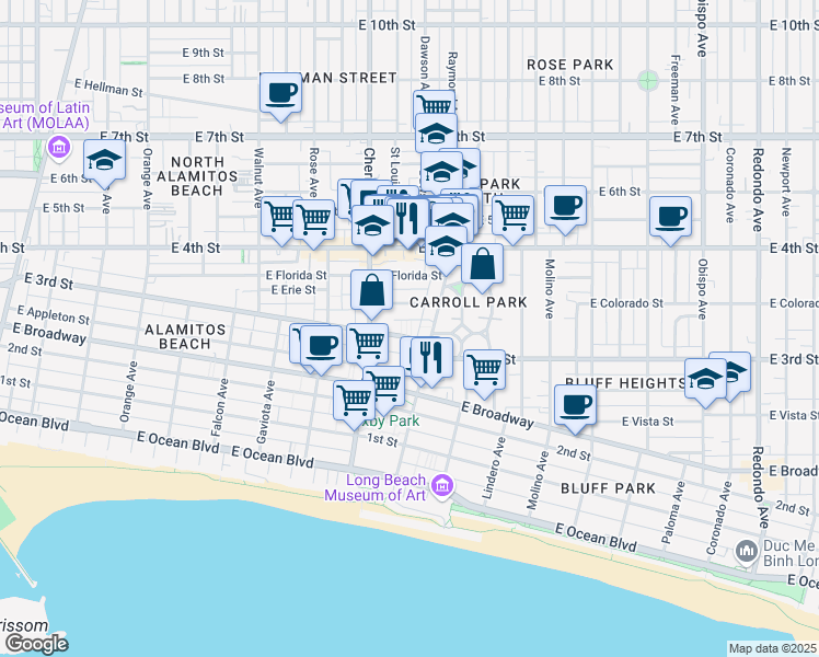 map of restaurants, bars, coffee shops, grocery stores, and more near 333 Junipero Avenue in Long Beach