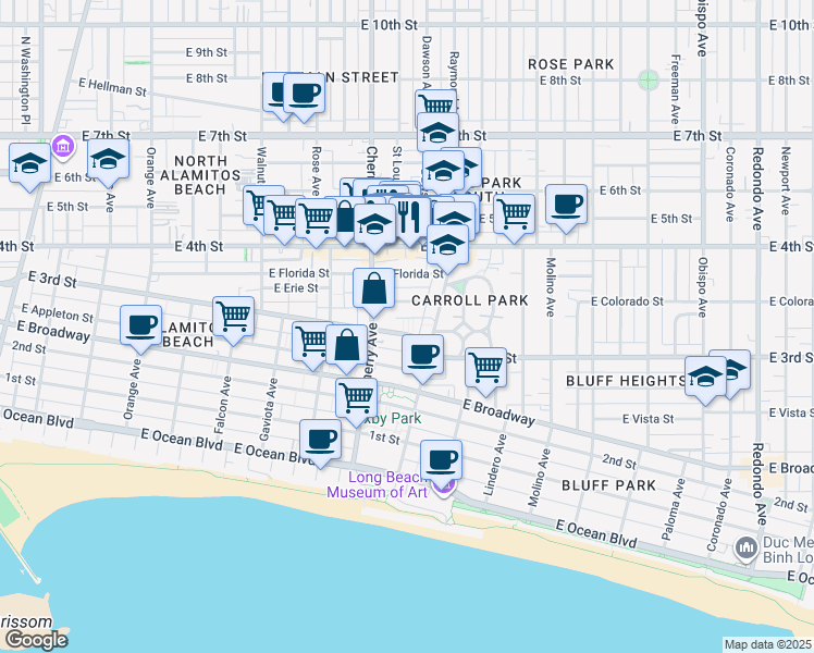 map of restaurants, bars, coffee shops, grocery stores, and more near 2032 East Bermuda Street in Long Beach