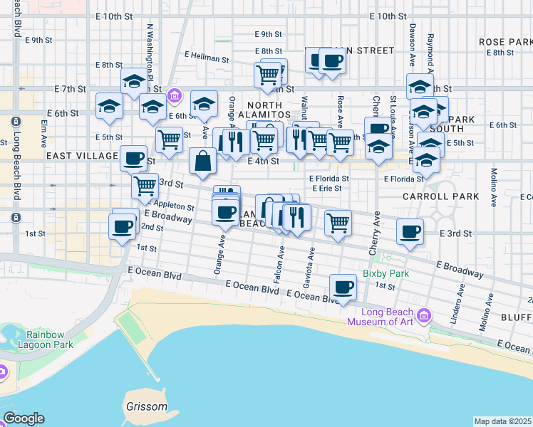 map of restaurants, bars, coffee shops, grocery stores, and more near in Long Beach