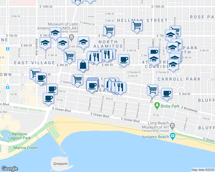 map of restaurants, bars, coffee shops, grocery stores, and more near in Long Beach
