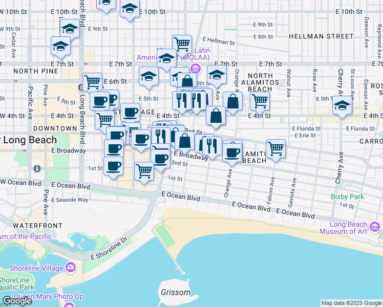 map of restaurants, bars, coffee shops, grocery stores, and more near 241 Bonito Avenue in Long Beach