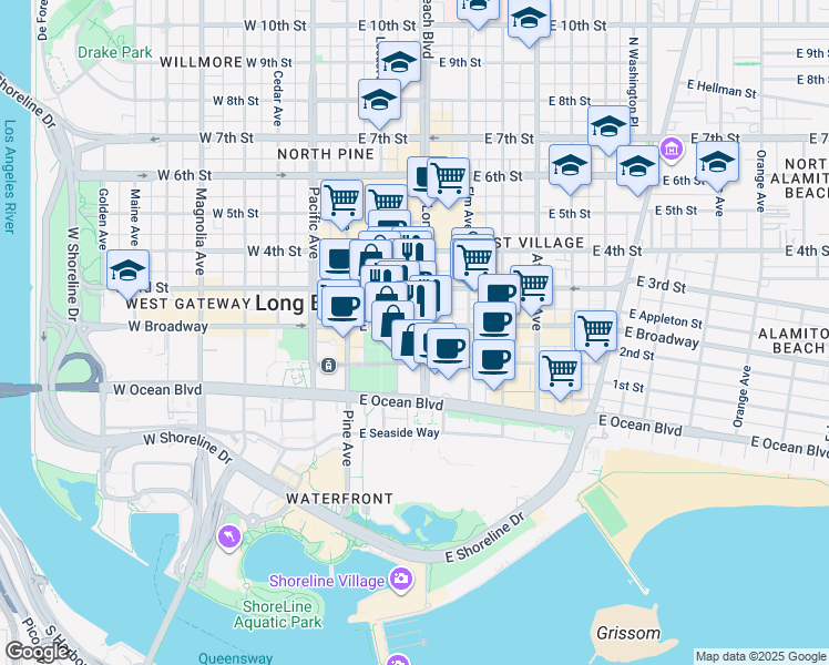 map of restaurants, bars, coffee shops, grocery stores, and more near 150 Long Beach Boulevard in Long Beach