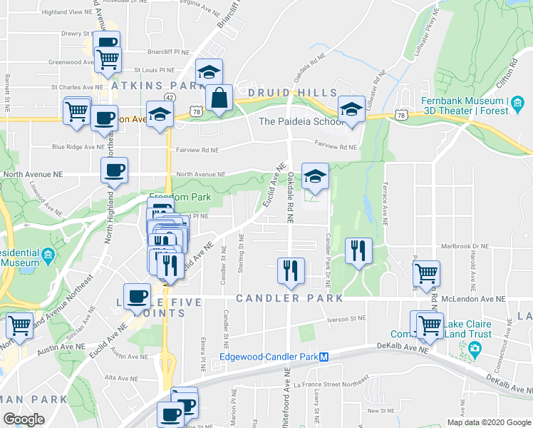 map of restaurants, bars, coffee shops, grocery stores, and more near 1343 Euclid Avenue Northeast in Atlanta