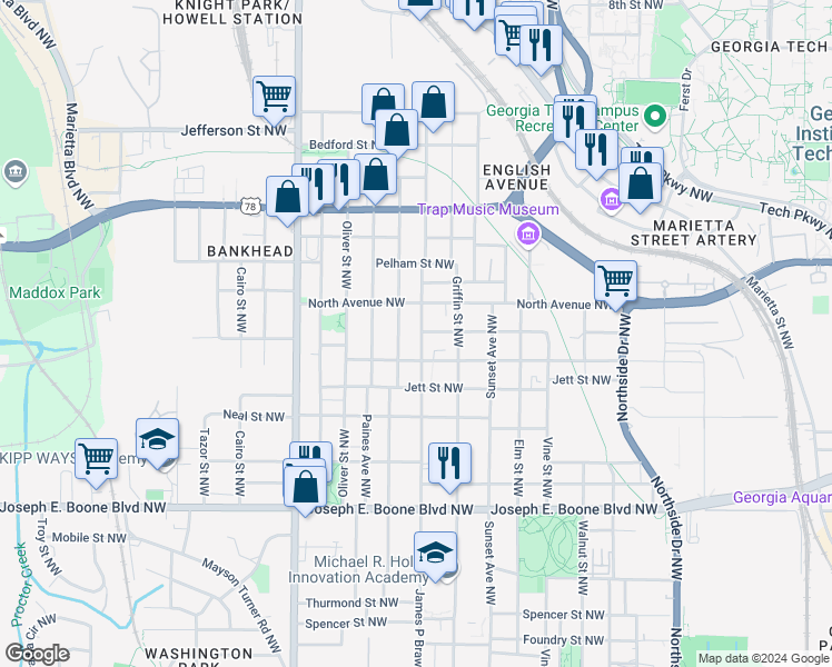 map of restaurants, bars, coffee shops, grocery stores, and more near 543 Chestnut Street Northwest in Atlanta